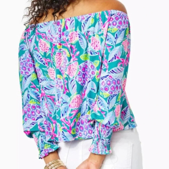 Lilly Pulitzer Lana Off-The-Shoulder Top Maldives Green Turtle Wave Size XLarge - Picture 2 of 15